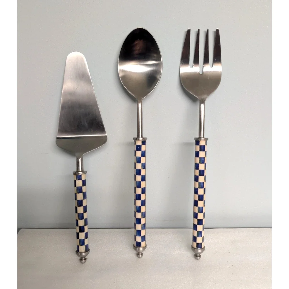 Mackenzie Childs Royal Check Supper Club Salad Serving Fork, Spoon & Pie Server